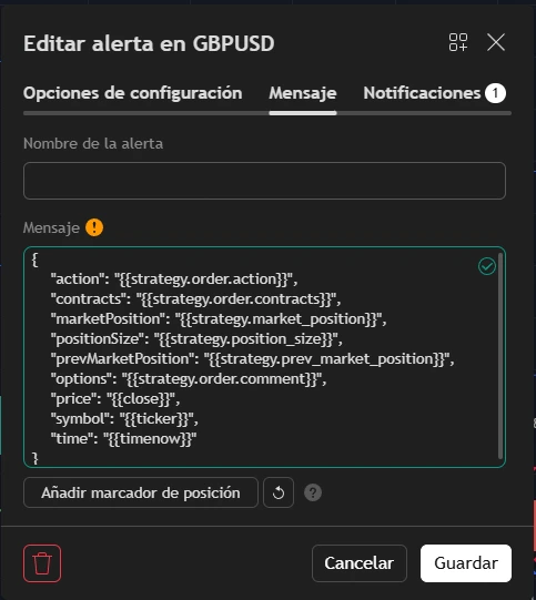 Captura: mensaje JSON opcional en alertas de TradingView enviadas a webhooks TPL Cloud